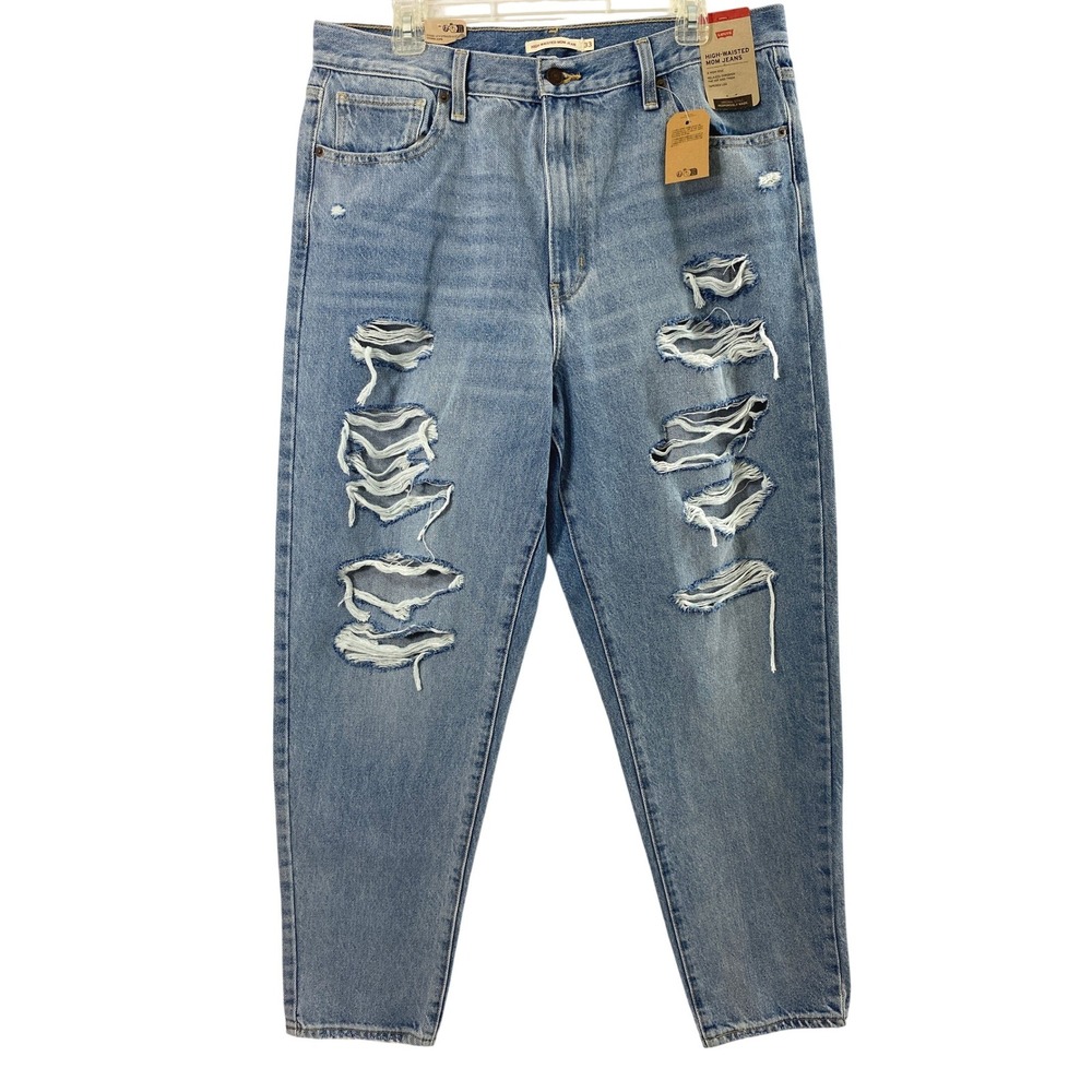 Levis High Waisted‎ Mom Jeans Womens 33x29 Distress Destroy Light Wash Tapered